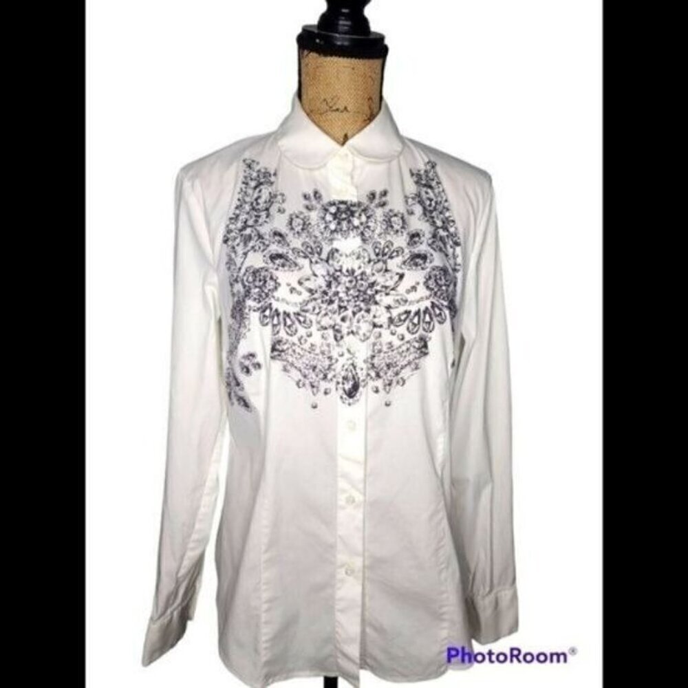 Red Valentino White Long Sleeve Button Down Mandala Jewel